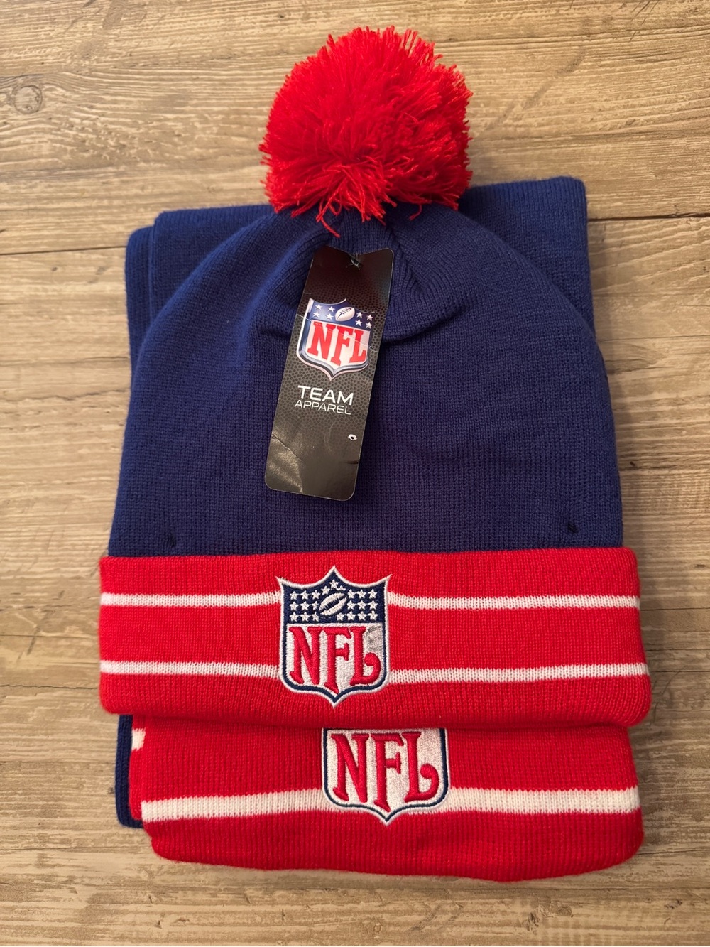 NFL Navy Beanie with Red Pom and Red-Trim Scarf